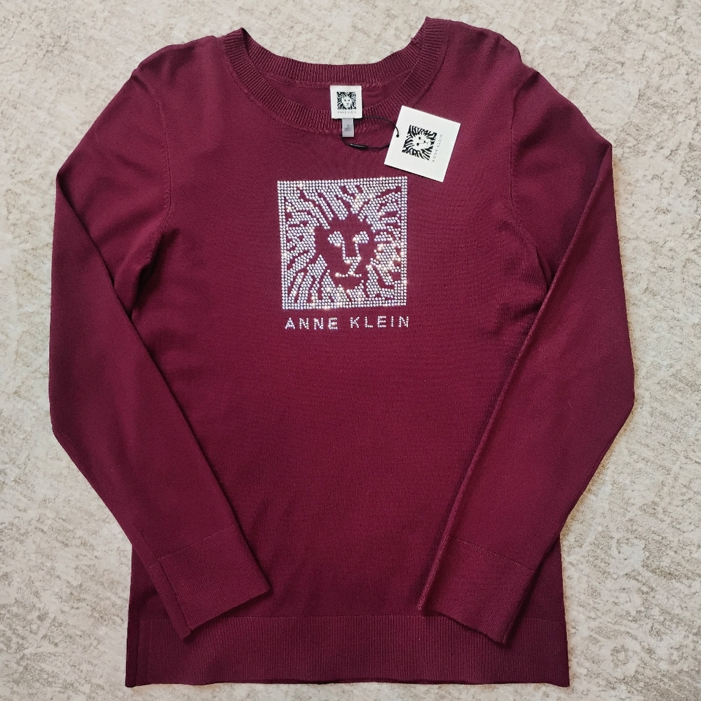 NWT M Anne Klein Maroon Tiger Rhinestone Logo Crew Long Sleeve Sweater NEW - Picture 8 of 10